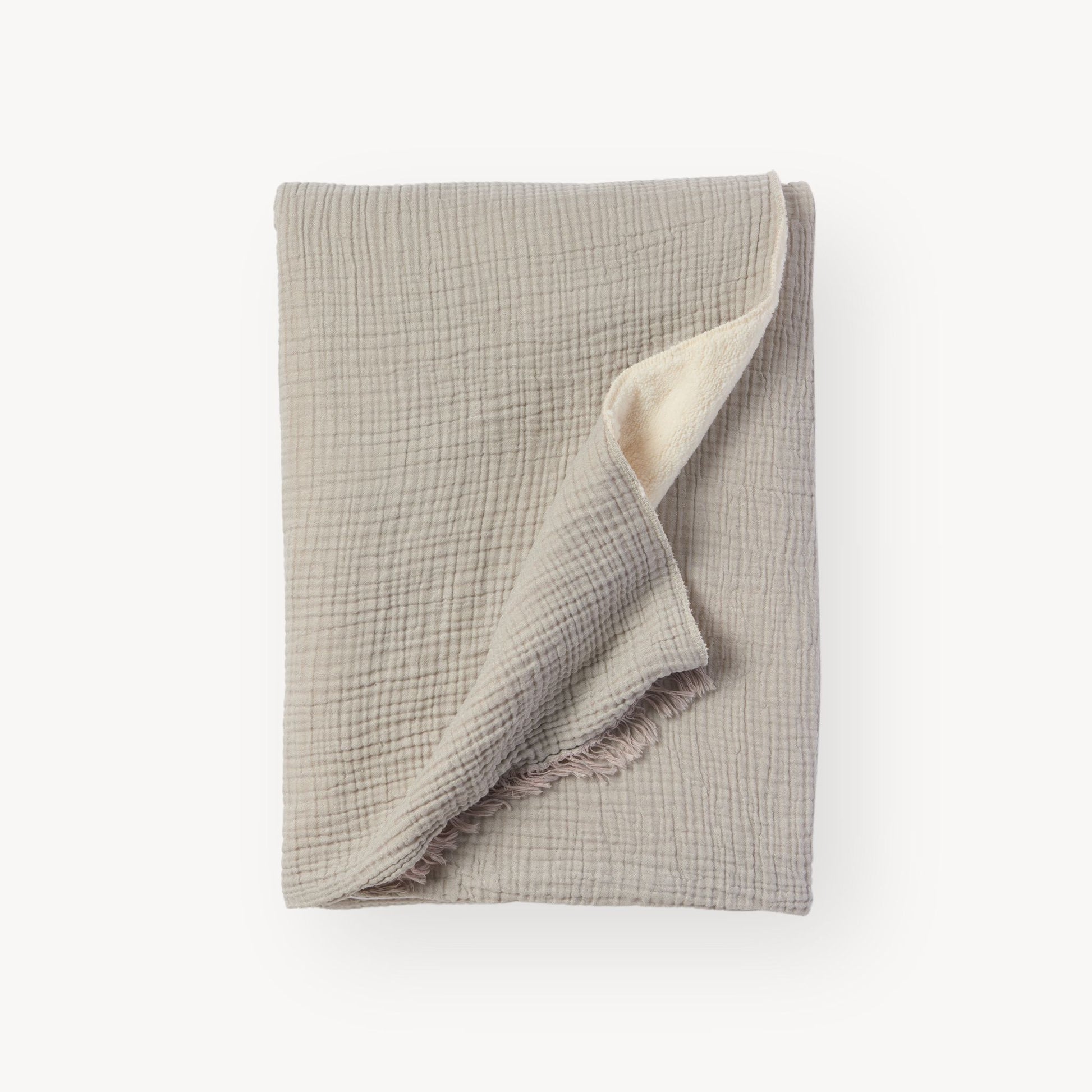 Light grey crinkle muslin plus fleece blanket. Made with 100% Turkish cotton blanket with 100% high-quality polyester fleece