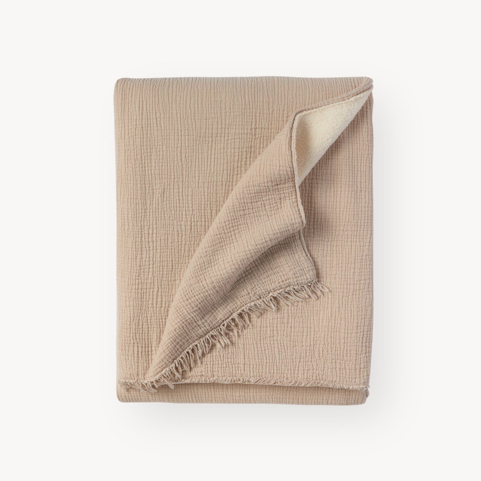 Beige crinkle muslin plus fleece blanket. Made with 100% Turkish cotton blanket with 100% high-quality polyester fleece